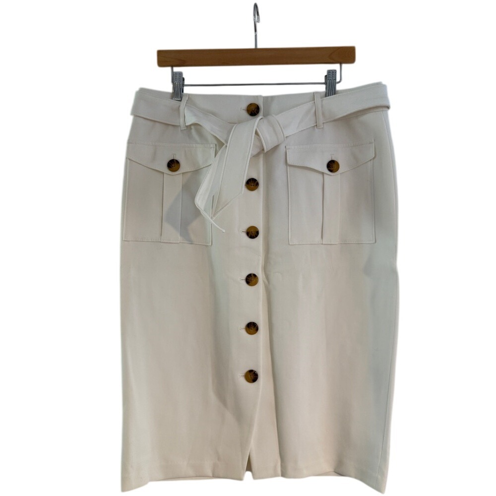 WHITE HOUSE BLACK MARKET Cream Utility Button Front Belted Midi Skirt Size 14